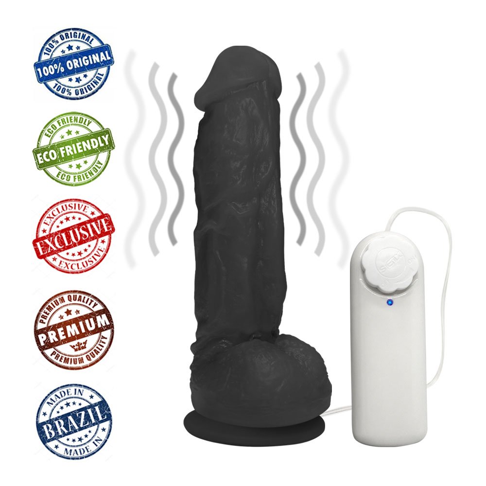 Pênis Realístico Feito em PVC Flexível com Escroto, Vibrador e Ventosa King 19 x 5cm Preto | Foto 05