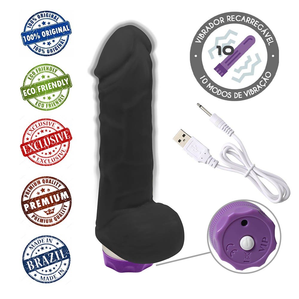 Pênis com Escroto e Vibrador 10 Velocidades Recarregável Hefesto 17 x 4cm Preto | Foto 05