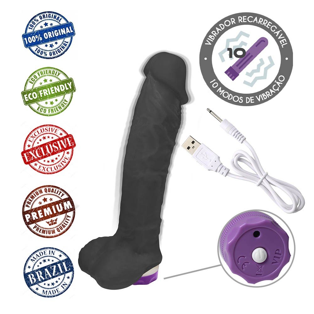 Pênis com Escroto e Vibrador 10 Velocidades Recarregável Apolo 20,5 x 4,5cm Preto | Foto 05