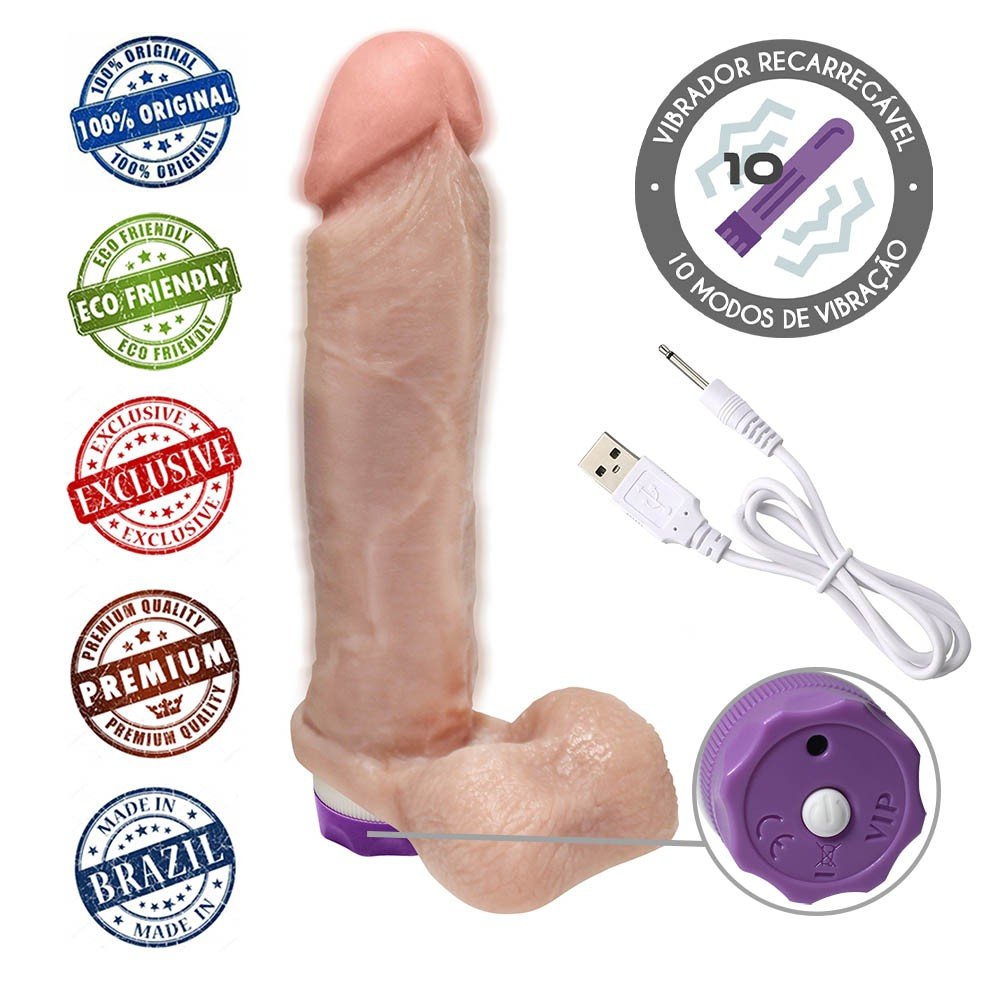 Pênis com Escroto e Vibrador 10 Velocidades Recarregável Dionísio 19 x 4,5cm Bege | Foto 05