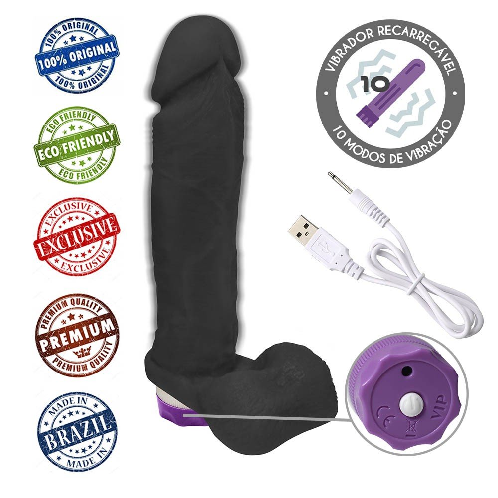 Pênis com Escroto e Vibrador 10 Velocidades Recarregável Dionísio 19 x 4,5cm Preto | Foto 05