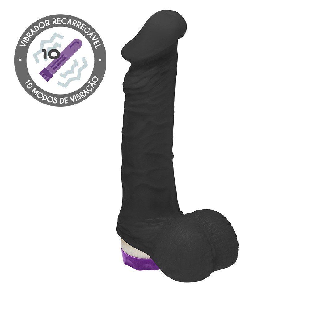 Pênis com Escroto e Vibrador 10 Velocidades Recarregável Zeus 20,5 x 4,5cm Preto | Foto 01