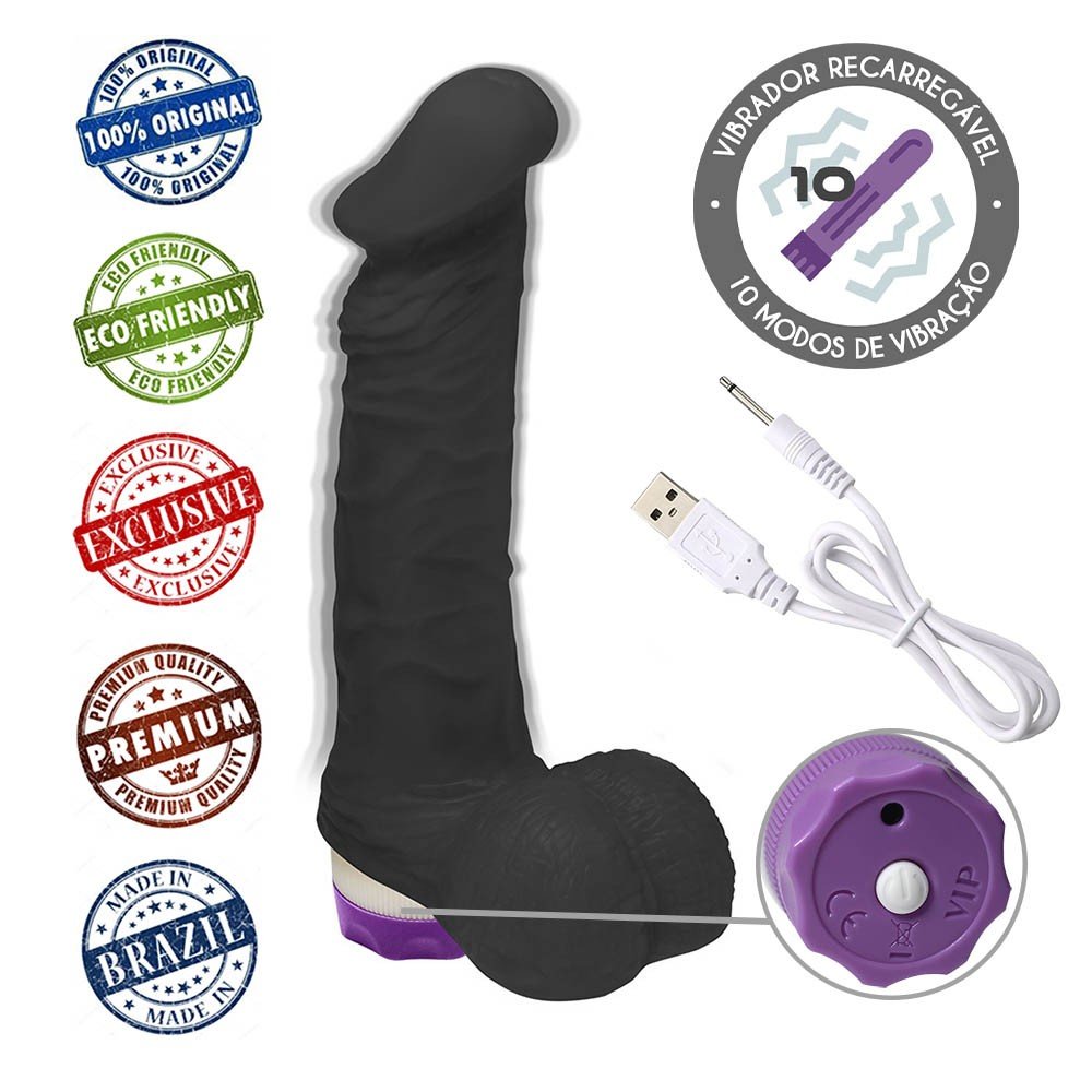 Pênis com Escroto e Vibrador 10 Velocidades Recarregável Zeus 20,5 x 4,5cm Preto | Foto 05