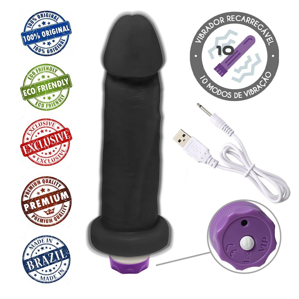 Pênis de Borracha com Vibrador 10 Velocidades Recarregável Viernes 19 x 5cm Preto | Foto 05