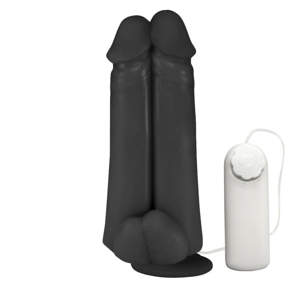 Pênis Realístico Flexível Duplo Amigos com Vibrador e Ventosa 18 x 6cm Preto | Foto 01
