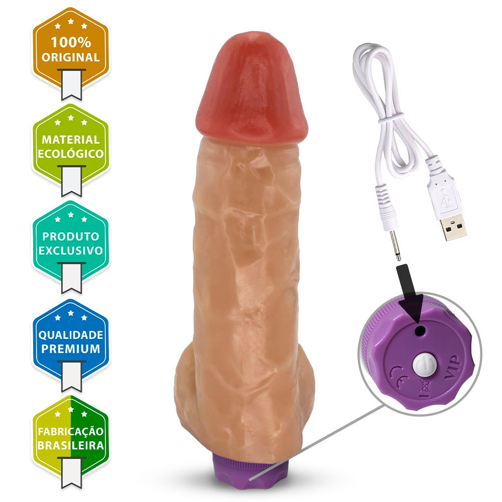 Pênis com Escroto e Vibrador 10 Velocidades Recarregável Crono 20 x 5cm Bege | Foto 03