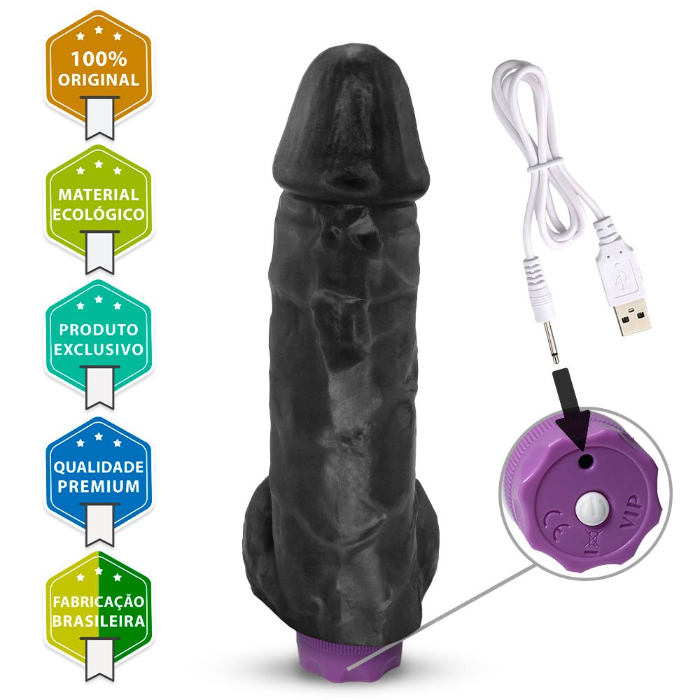 Pênis com Escroto e Vibrador 10 Velocidades Recarregável Crono 20 x 5cm Preto | Foto 03