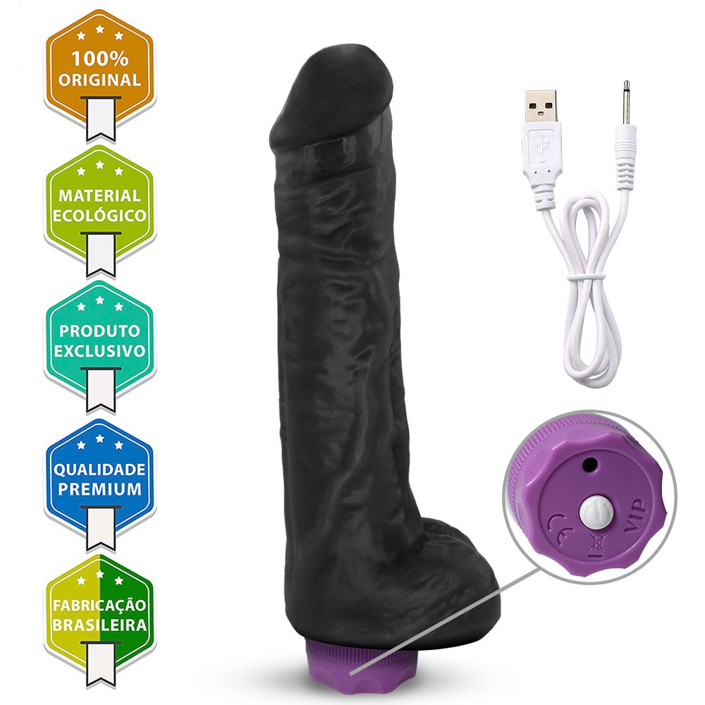 Pênis com Escroto e Vibrador 10 Velocidades Recarregável Eros 20 x 4,5cm Preto | Foto 05