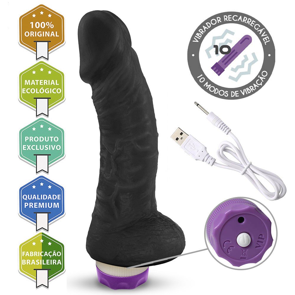 Pênis com Escroto e Vibrador 10 Velocidades Recarregável Hades 16 x 4cm Preto | Foto 05