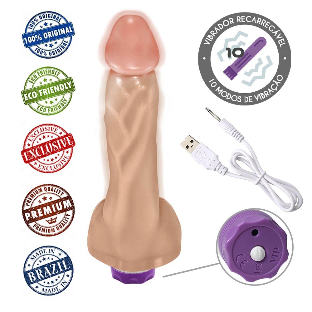 Pênis Realístico com Vibrador 10 Velocidades Recarregável Heart 19,5 x 4,5cm Bege | Foto 05