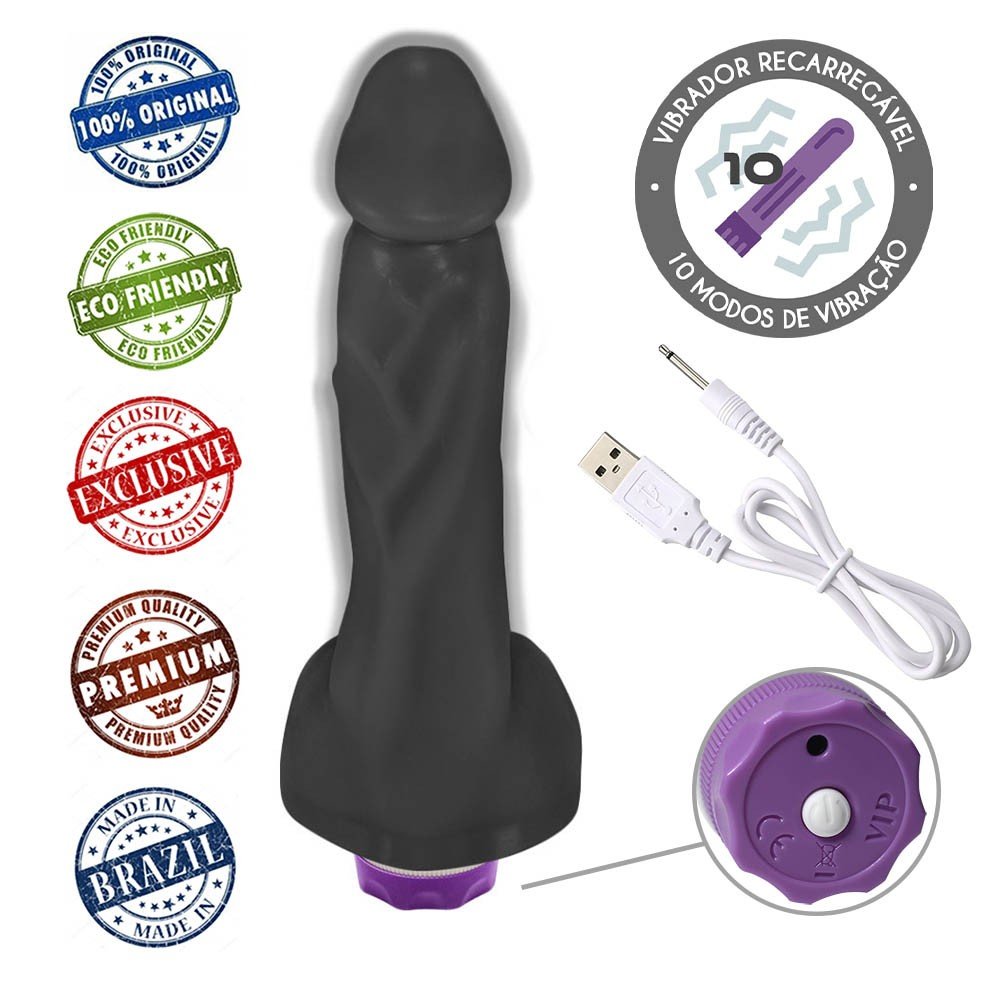 Pênis Realístico com Vibrador 10 Velocidades Recarregável Heart 19,5 x 4,5cm Preto | Foto 05