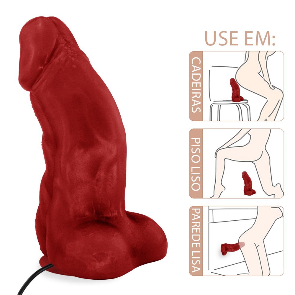 Pênis Flexível com Textura Massageadora e Escroto, Ventosa e Vibro Gator 20,5x 7,5cm Vermelho | Foto 04