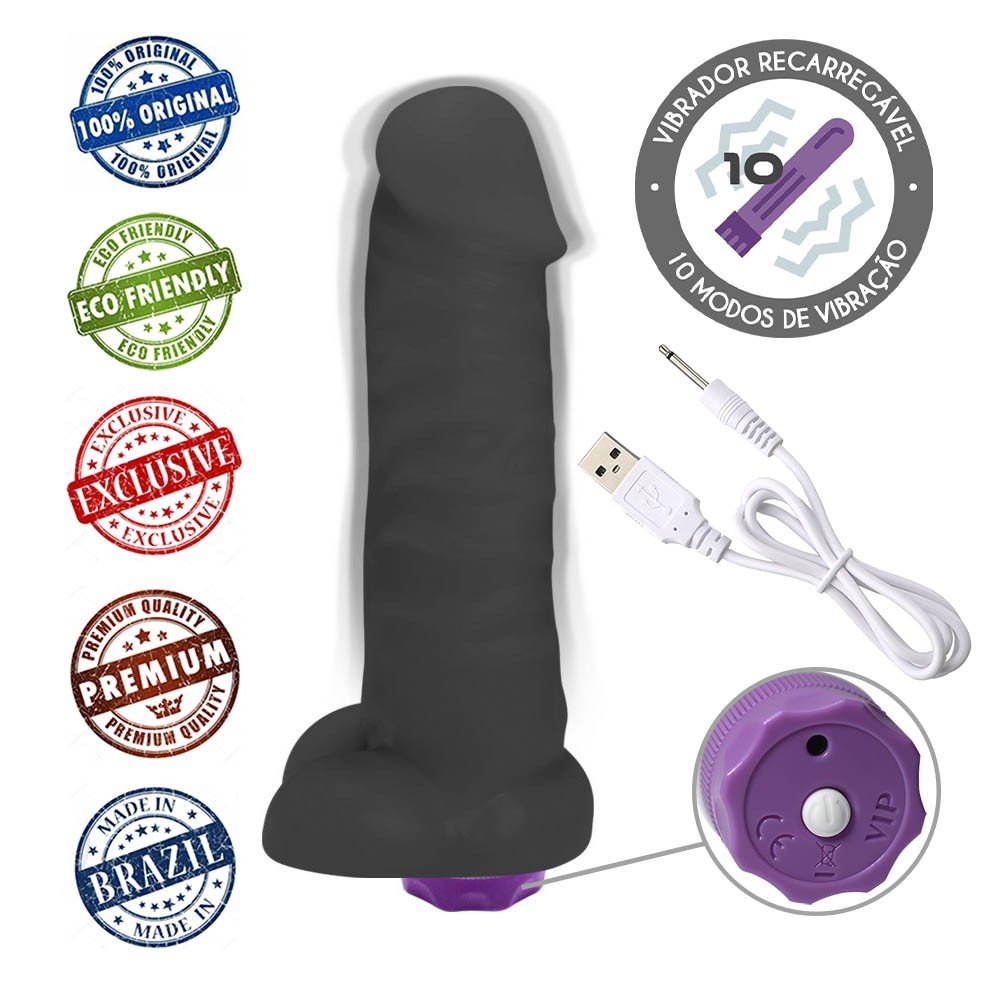 Pênis Realístico com Escroto e Vibrador 10 Velocidades Recarregável Fast 16 x 3,5cm Preto | Foto 05