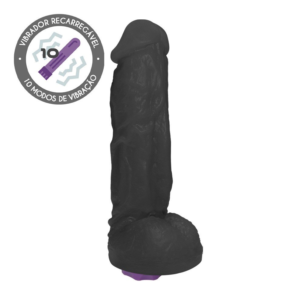Pênis Realístico com Escroto e Vibrador 10 Velocidades Recarregável King 19 x 5cm Preto | Foto 01