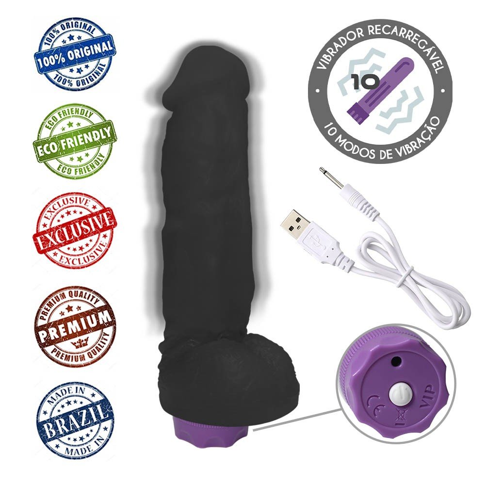 Pênis Realístico com Escroto e Vibrador 10 Velocidades Recarregável King 19 x 5cm Preto | Foto 05