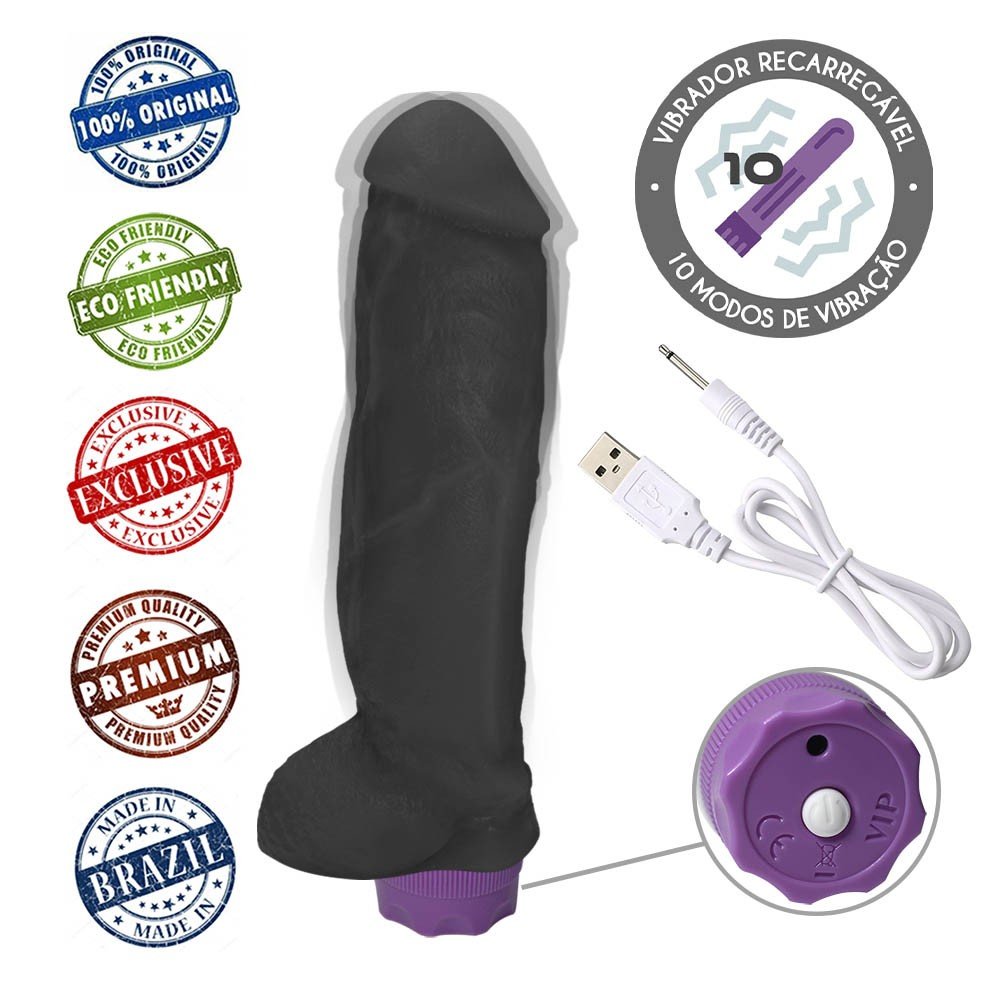 Pênis Realístico com Escroto e Vibrador 10 Velocidades Recarregável King Kong 22 x 5,5cm Preto | Foto 05