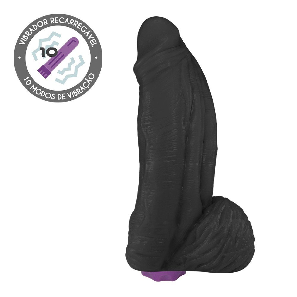 Pênis com Escroto e Vibrador 10 Velocidades Recarregável Large 21 x 6,5cm Preto | Foto 01