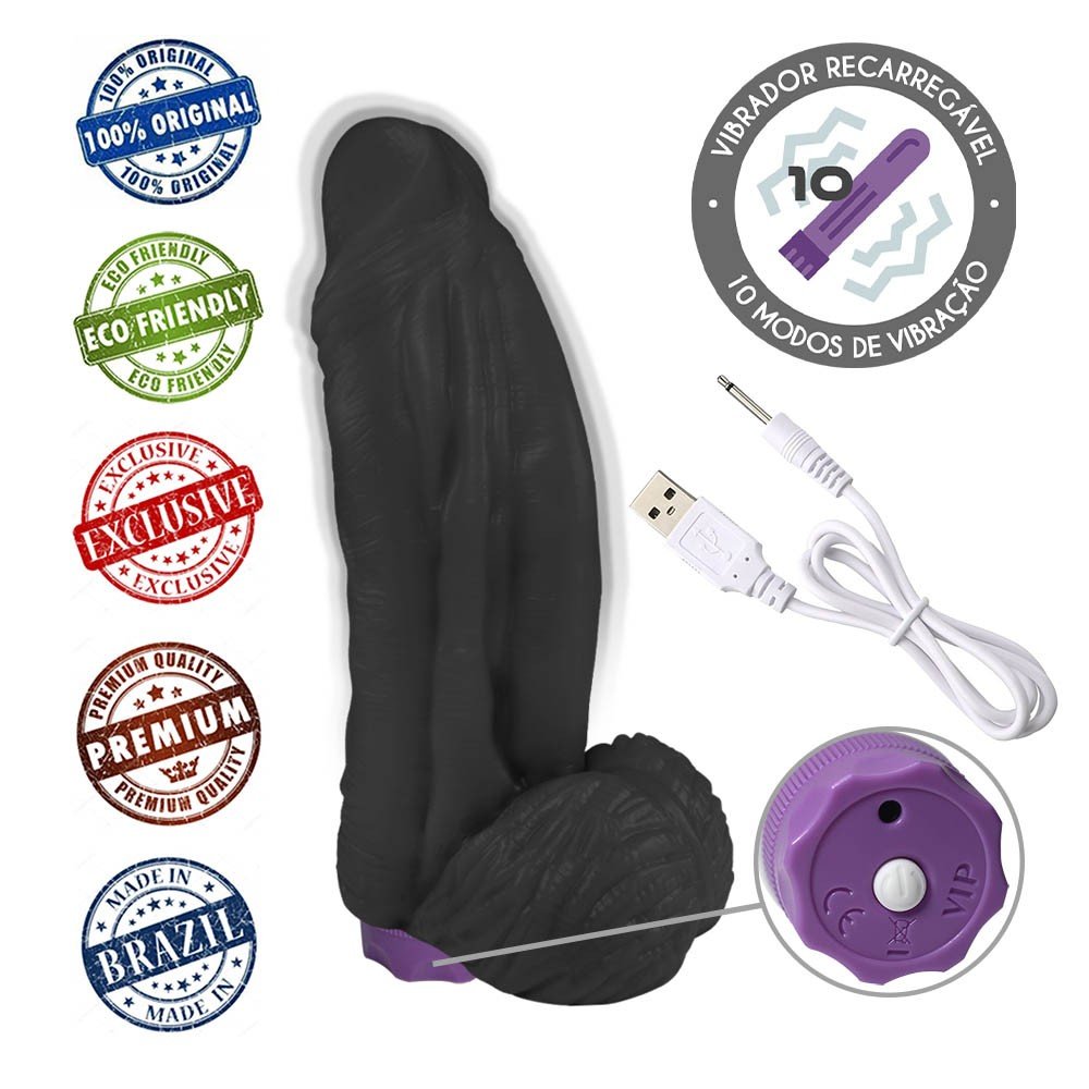 Pênis com Escroto e Vibrador 10 Velocidades Recarregável Large 21 x 6,5cm Preto | Foto 05