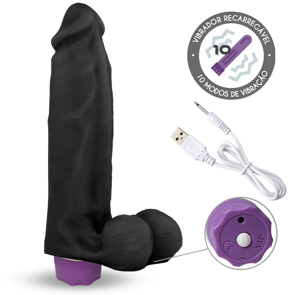 Pênis com Escroto e Vibrador 10 Velocidades Recarregável Sedutor 20 x 5,5cm Preto | Foto 04