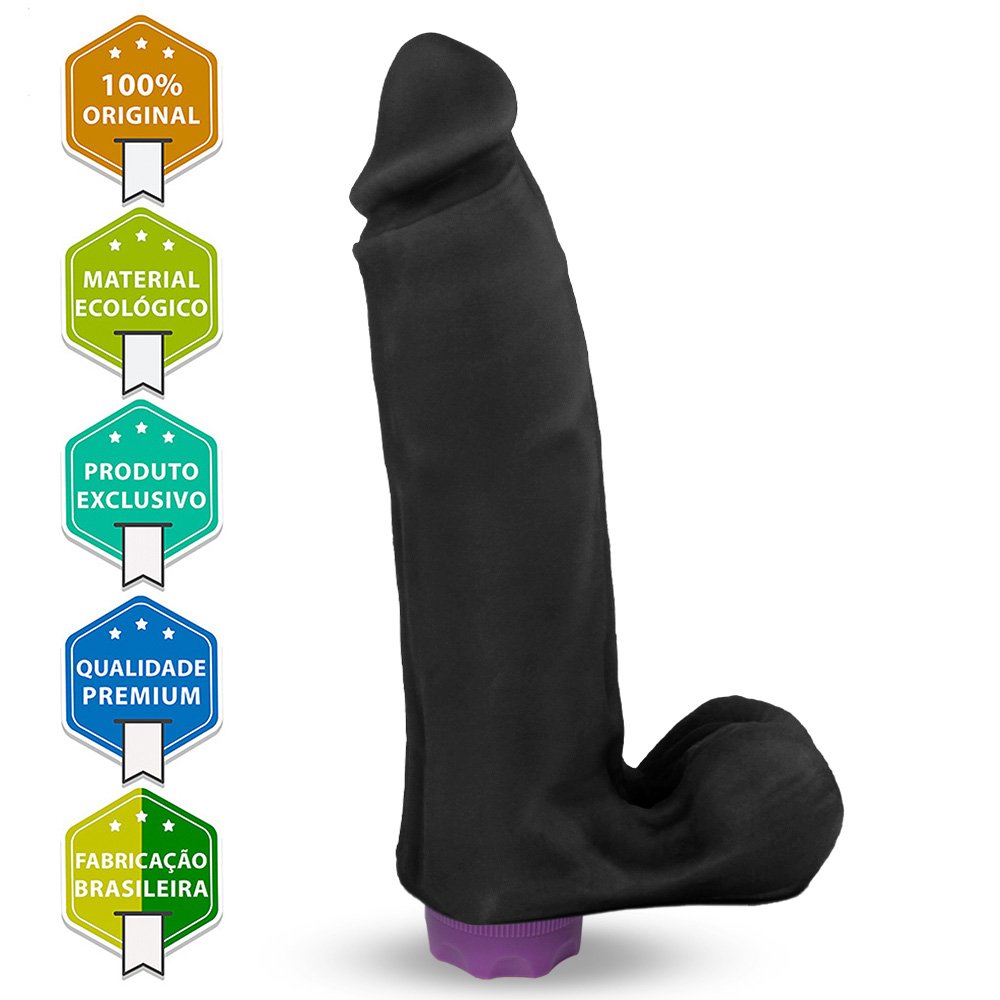 Pênis com Escroto e Vibrador 10 Velocidades Recarregável Sedutor 20 x 5,5cm Preto | Foto 05
