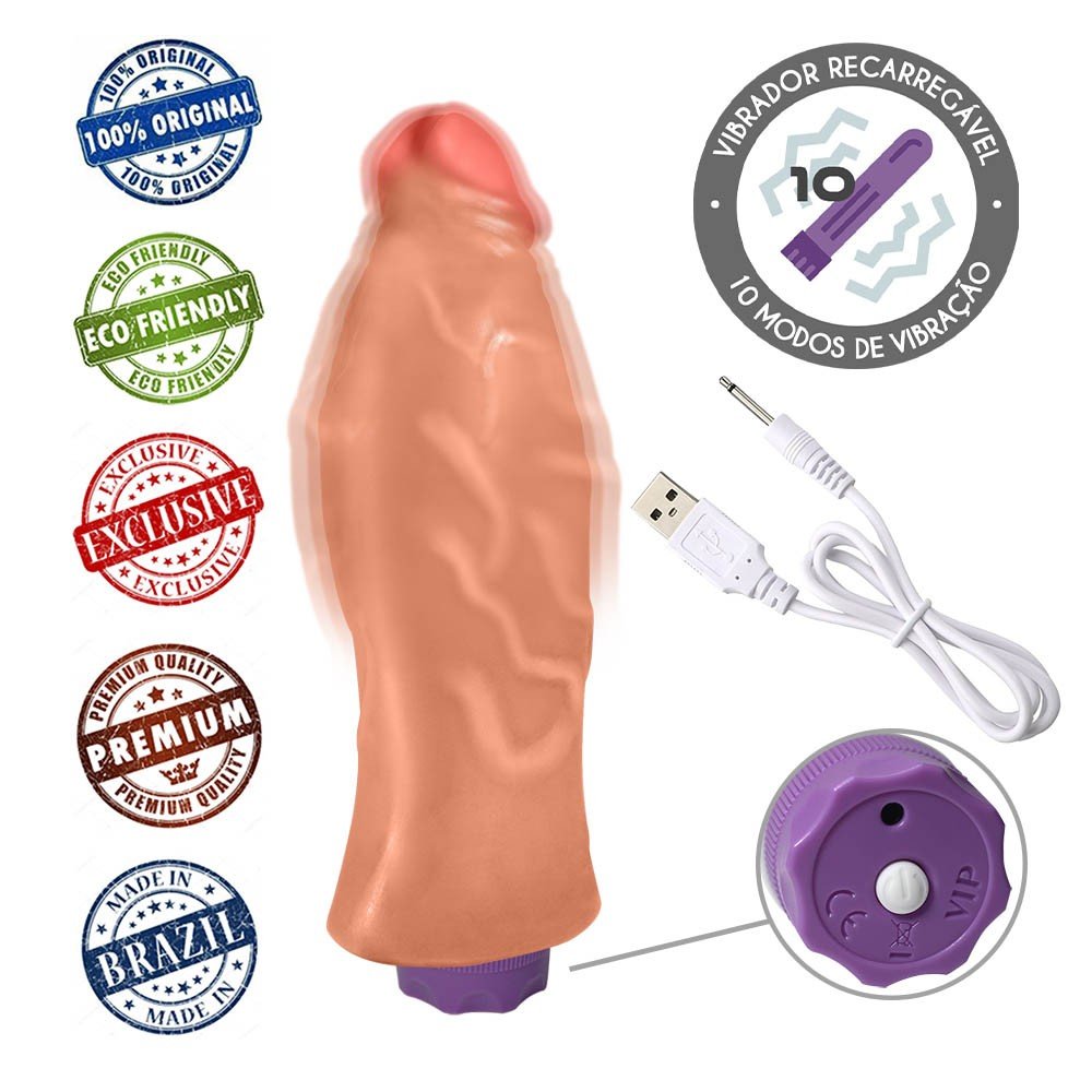 Pênis Realístico Flexível com Vibrador 10 Velocidades Recarregável Jatobá 21 x 6,8cm Bege | Foto 05