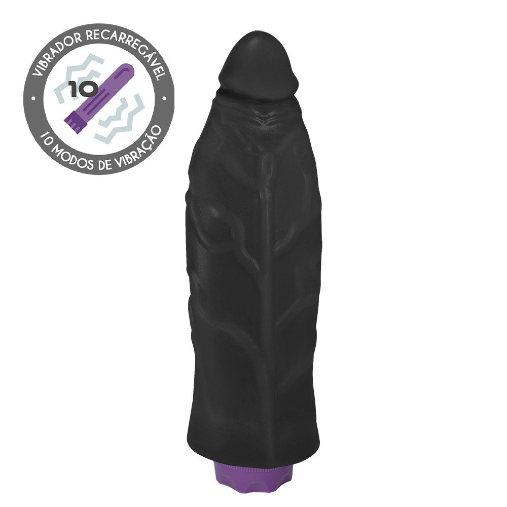 Pênis Realístico Flexível com Vibrador 10 Velocidades Recarregável Jatobá 21 x 6,8cm Preto | Foto 01