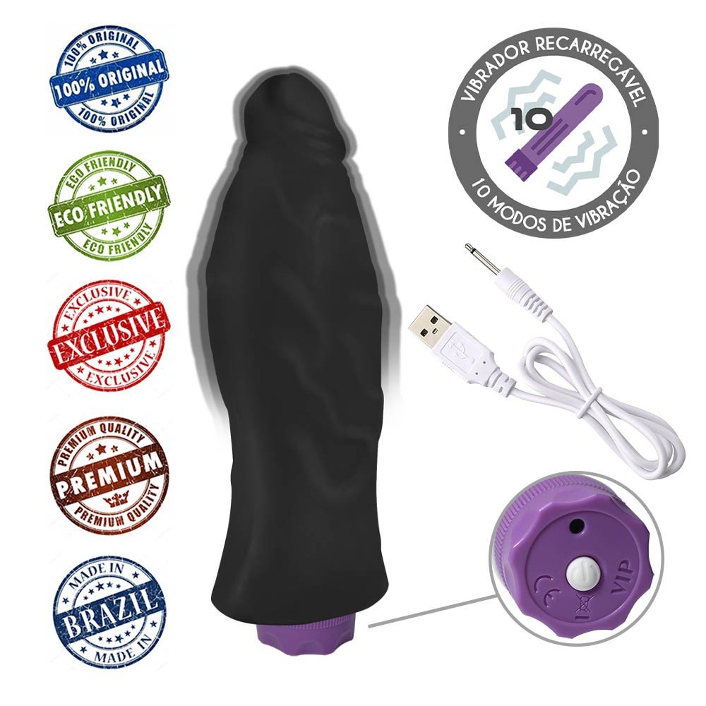 Pênis Realístico Flexível com Vibrador 10 Velocidades Recarregável Jatobá 21 x 6,8cm Preto | Foto 05