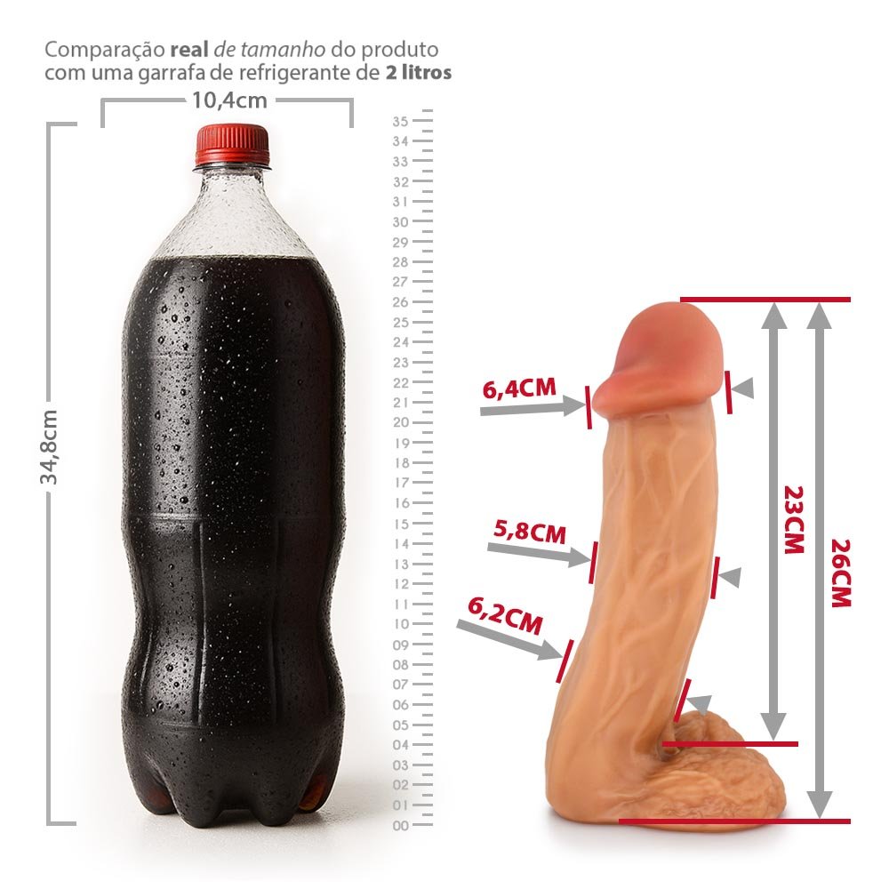Pênis Gigante e Grosso com Escroto Valentinho - Dildo em PVC Flexível 26 x 6,4cm Bege | Foto 07