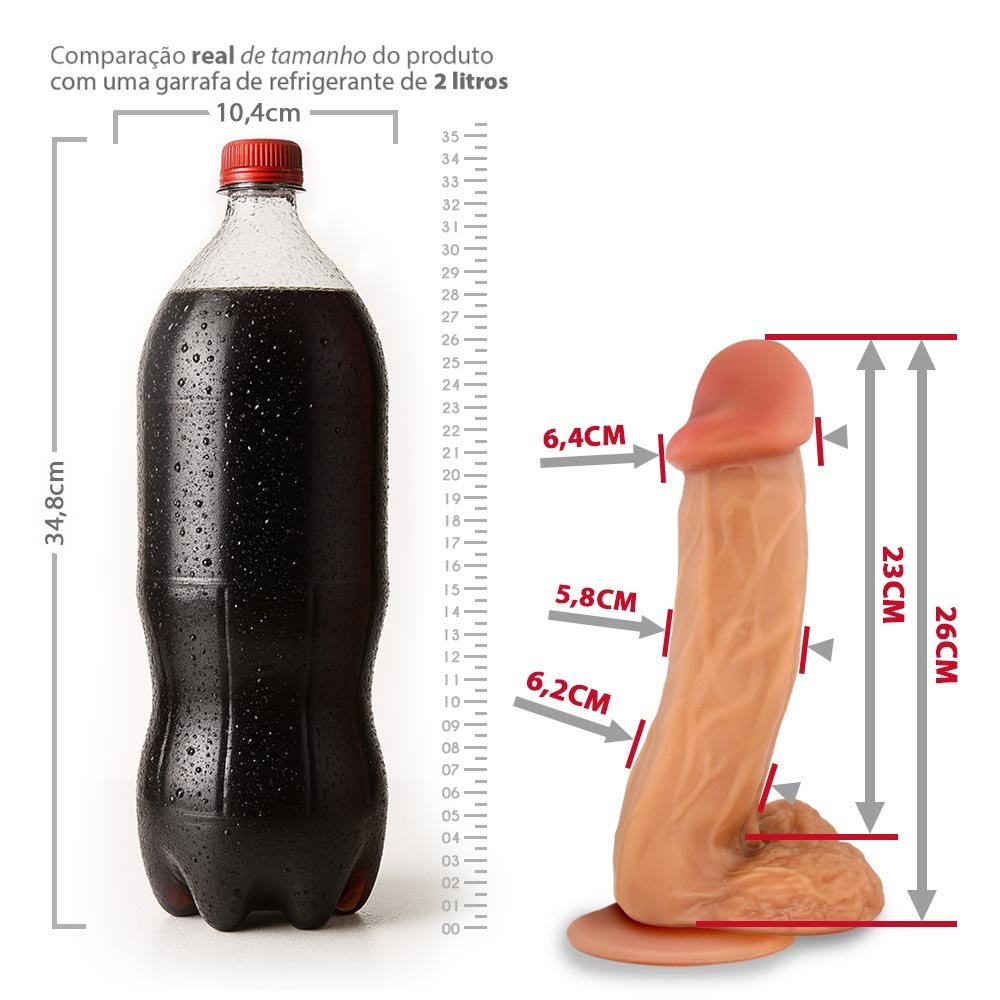 Pênis Gigante e Grosso com Escroto e Ventosa Valentinho - Dildo em PVC Flexível 26 x 6,4cm Bege | Foto 07