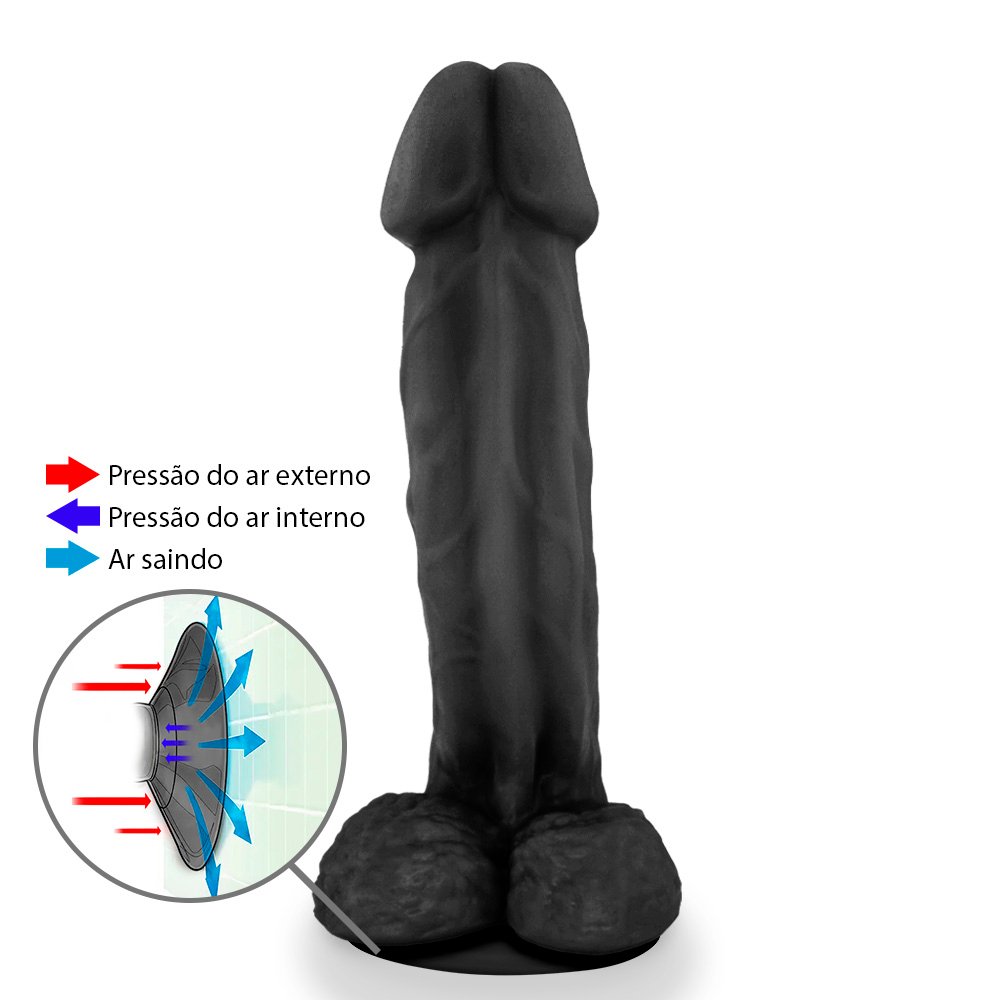 Pênis Gigante e Grosso com Escroto e Ventosa Valentinho - Dildo em PVC Flexível 26 x 6,4cm Preto | Foto 02