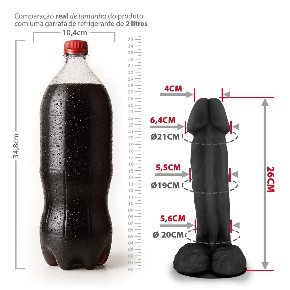 Pênis Gigante e Grosso com Escroto e Ventosa Valentinho - Dildo em PVC Flexível 26 x 6,4cm Preto | Foto 06