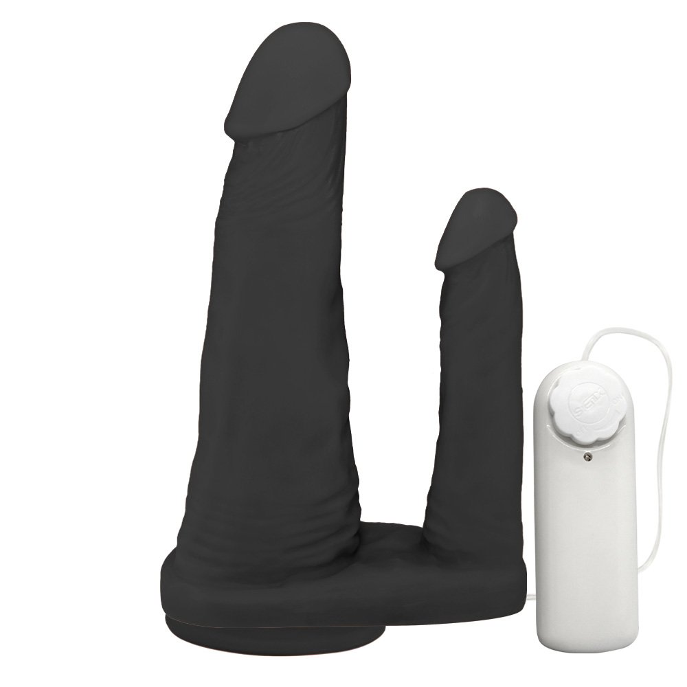 Pênis Duplo para 2 Penetrações com Vibrador e Ventosa 15x3,5cm e 10x2,5cm Preto | Foto 01