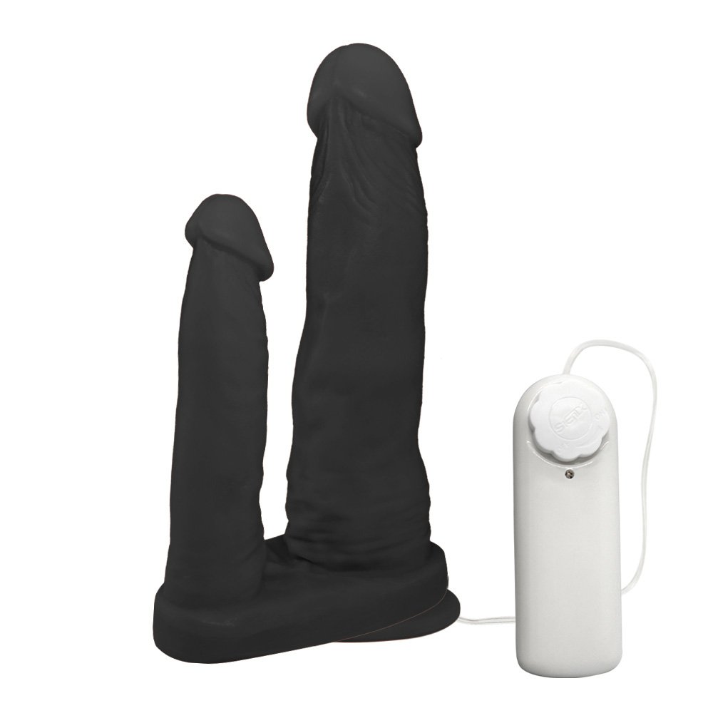 Pênis Duplo para 2 Penetrações com Vibrador e Ventosa 15x3,5cm e 10x2,5cm Preto | Foto 03