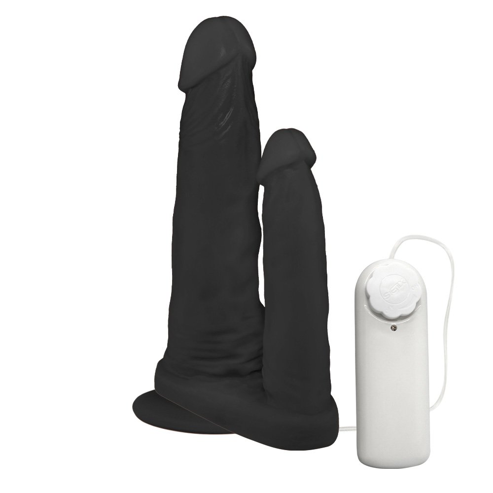 Pênis Duplo para 2 Penetrações com Vibrador e Ventosa 15x3,5cm e 10x2,5cm Preto | Foto 04