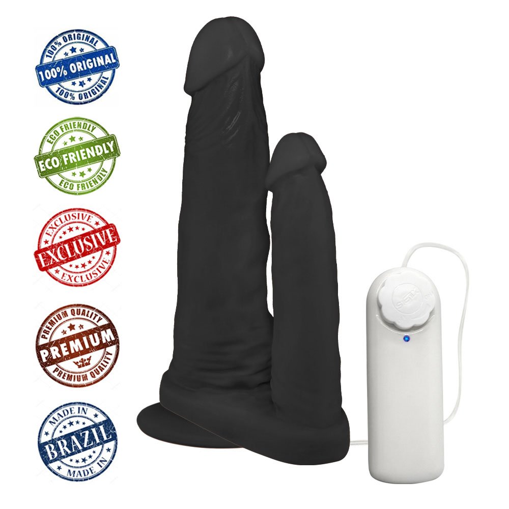 Pênis Duplo para 2 Penetrações com Vibrador e Ventosa 15x3,5cm e 10x2,5cm Preto | Foto 05
