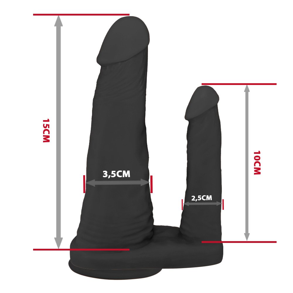 Pênis Duplo para 2 Penetrações com Vibrador e Ventosa 15x3,5cm e 10x2,5cm Preto | Foto 06