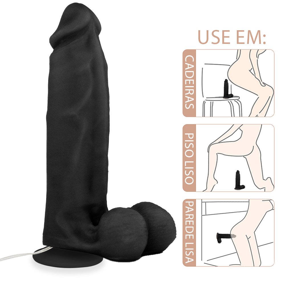 Pênis Maciço Sedutor em PVC Flexível com Vibrador e Ventosa 20 x 5,5cm Preto | Foto 04