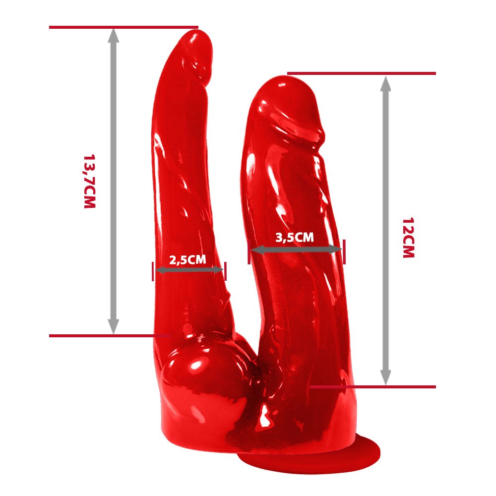 Pênis Duplo com Veias, Vibrador e Ventosa Translúcido 12 x 3,5cm e 13,7 x 2,5cm Vermelho | Foto 06
