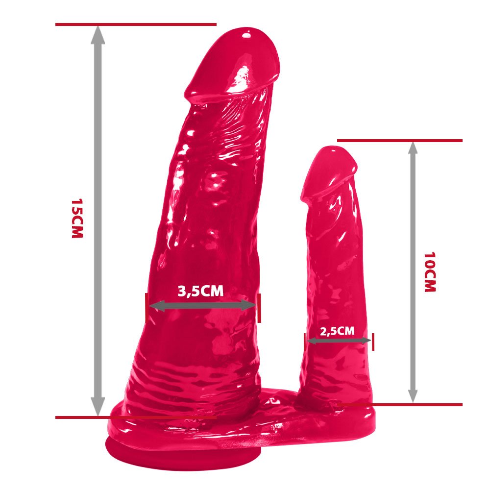 Pênis Duplo para 2 Penetrações com Vibrador e Ventosa 15x3,5cm e 10x2,5cm Pink | Foto 06