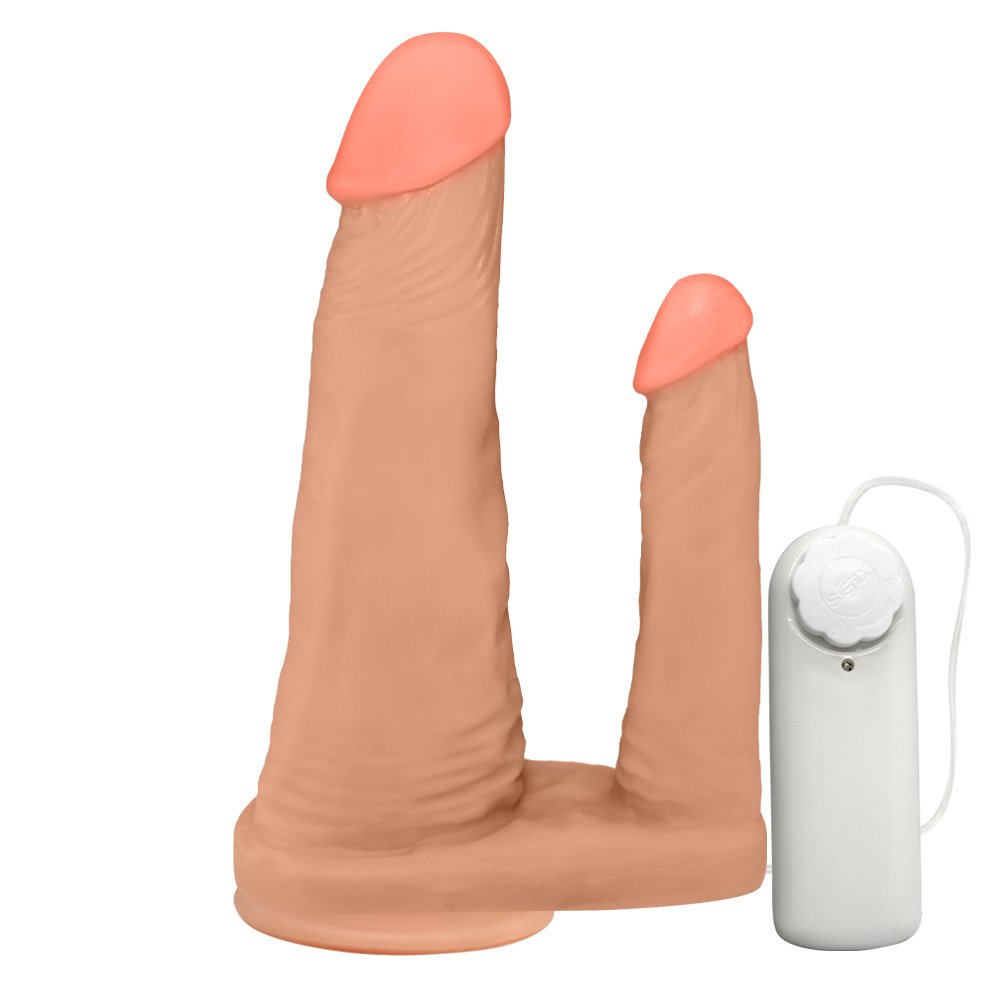 Pênis Duplo para 2 Penetrações com Vibrador e Ventosa 15x3,5cm e 10x2,5cm Bege | Foto 01