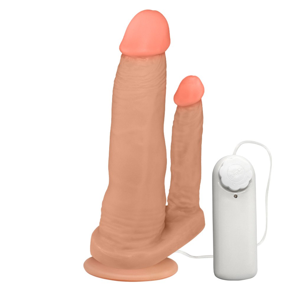 Pênis Duplo para 2 Penetrações com Vibrador e Ventosa 15x3,5cm e 10x2,5cm Bege | Foto 02