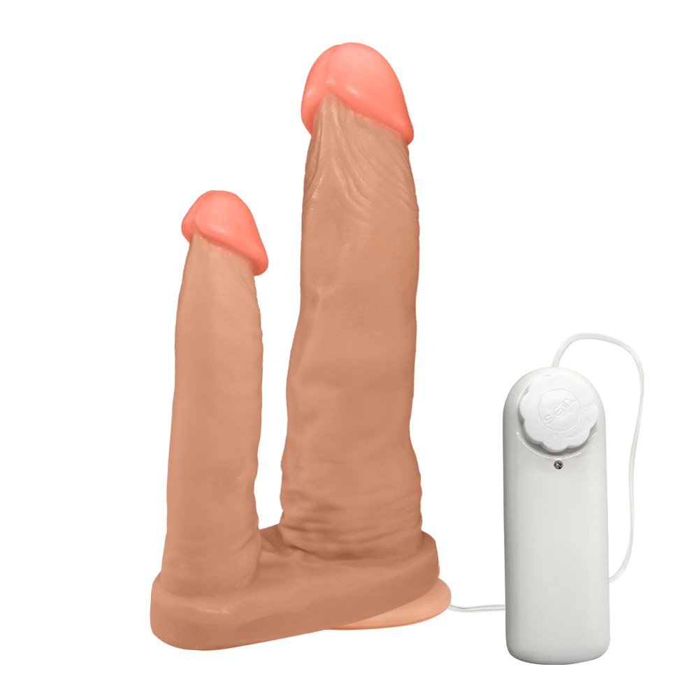 Pênis Duplo para 2 Penetrações com Vibrador e Ventosa 15x3,5cm e 10x2,5cm Bege | Foto 03