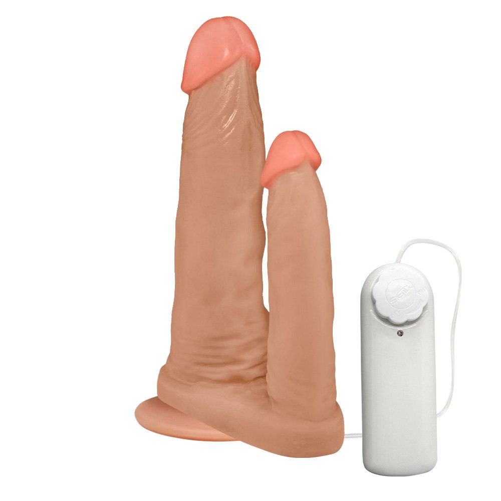 Pênis Duplo para 2 Penetrações com Vibrador e Ventosa 15x3,5cm e 10x2,5cm Bege | Foto 04