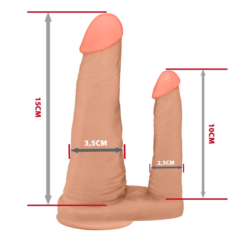 Pênis Duplo para 2 Penetrações com Vibrador e Ventosa 15x3,5cm e 10x2,5cm Bege | Foto 06