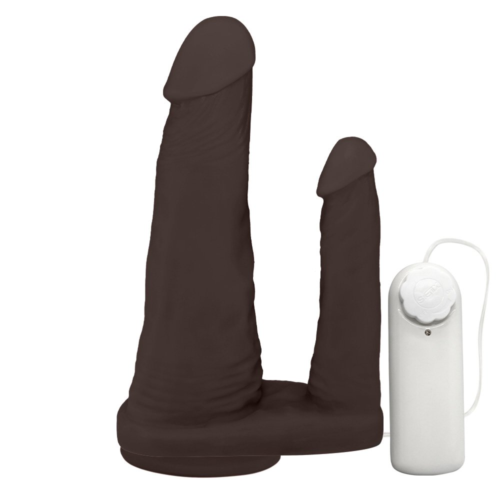 Pênis Duplo para 2 Penetrações com Vibrador e Ventosa 15x3,5cm e 10x2,5cm Marrom | Foto 01