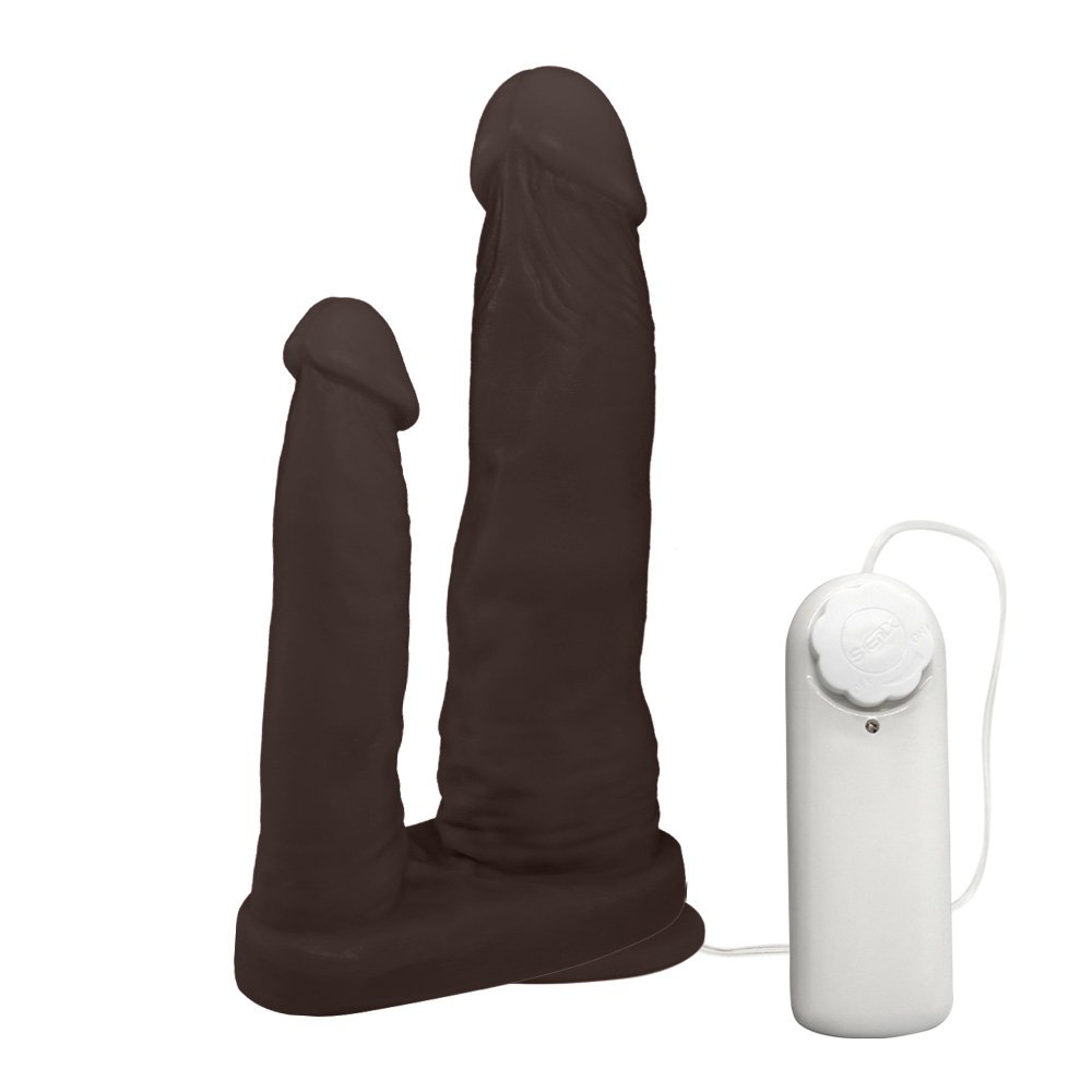 Pênis Duplo para 2 Penetrações com Vibrador e Ventosa 15x3,5cm e 10x2,5cm Marrom | Foto 03