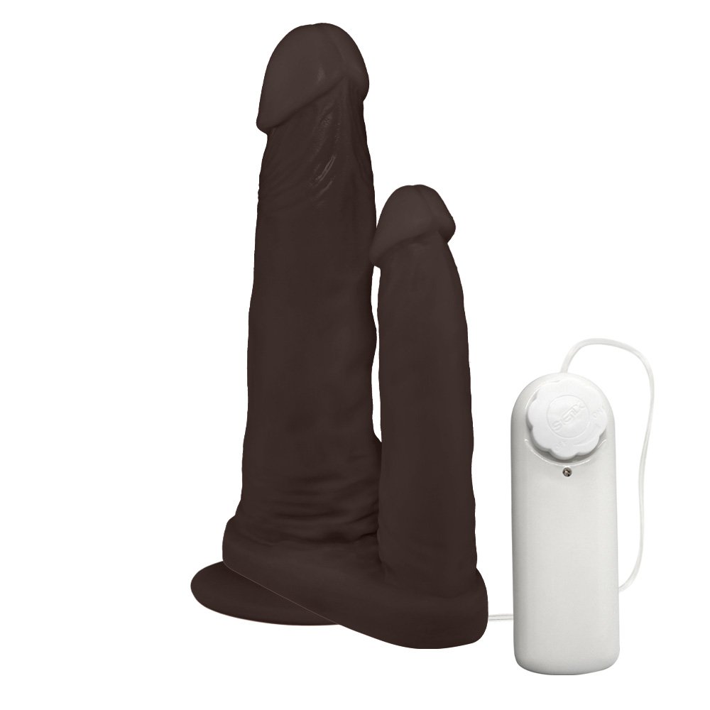 Pênis Duplo para 2 Penetrações com Vibrador e Ventosa 15x3,5cm e 10x2,5cm Marrom | Foto 04