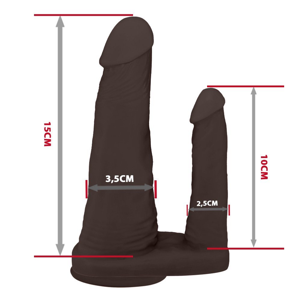 Pênis Duplo para 2 Penetrações com Vibrador e Ventosa 15x3,5cm e 10x2,5cm Marrom | Foto 06