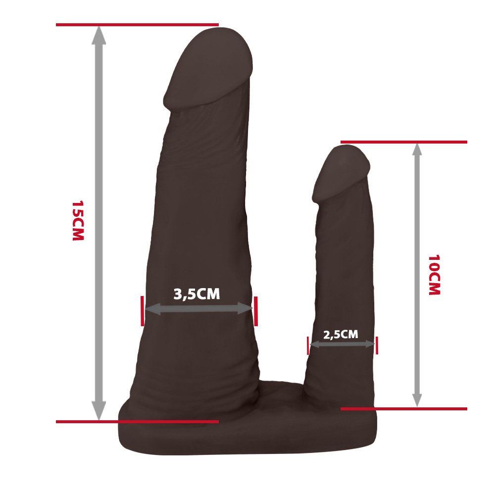 Pênis Duplo para 2 Penetrações em PVC Flexível Atóxico 15 x 3,5cm e 10 x 2,5cm Marrom | Foto 06