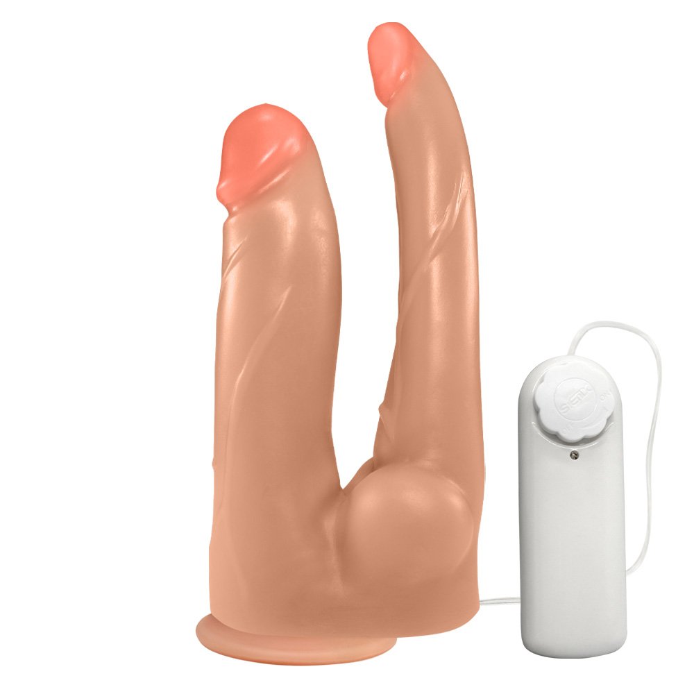 Pênis Duplo com Veias, Vibrador e Ventosa 12 x 3,5 cm e 13,7 x 2,5cm Bege | Foto 01